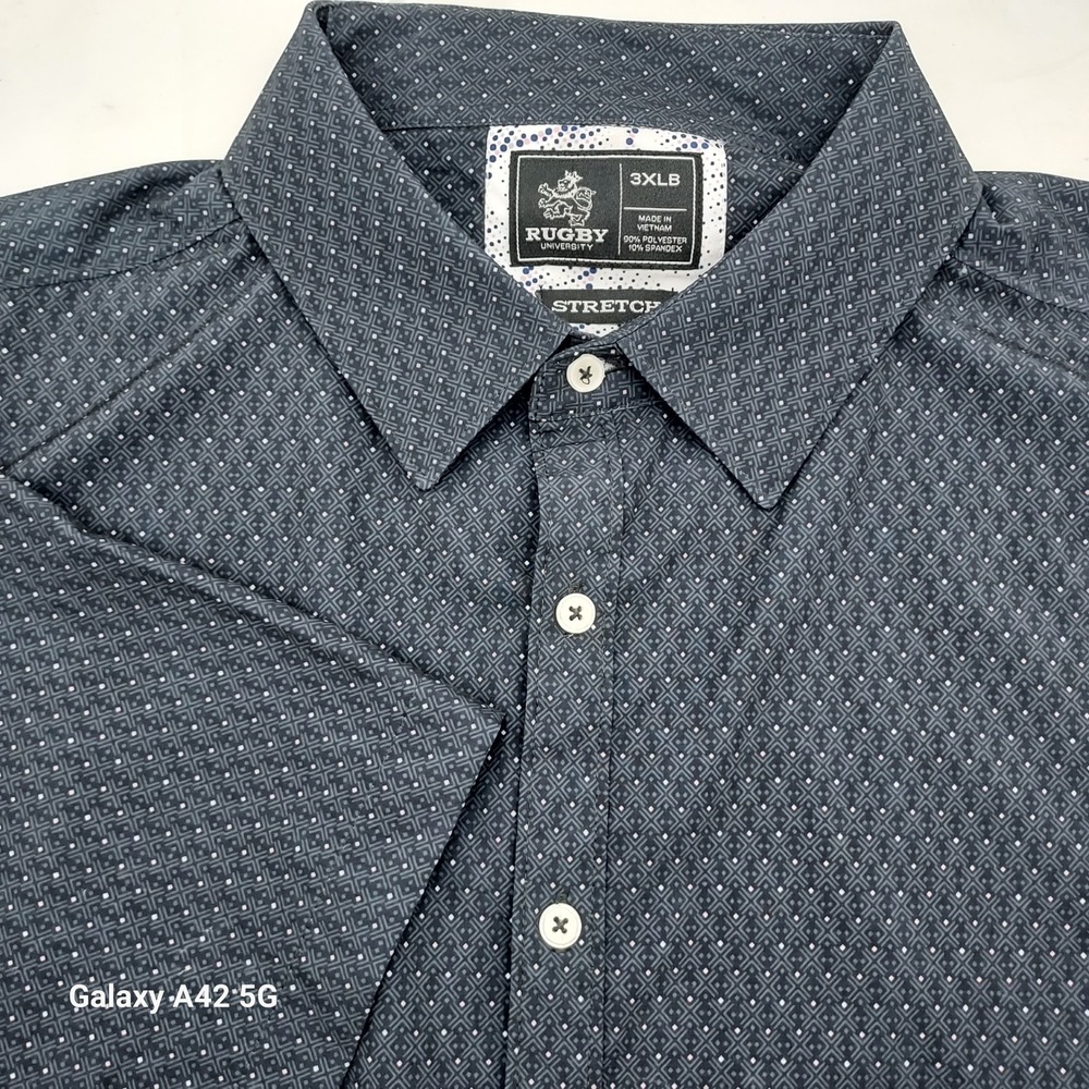 Rugby University Mens 3XLB Navy Blue Geometric Print Stretch Button Down Shirt